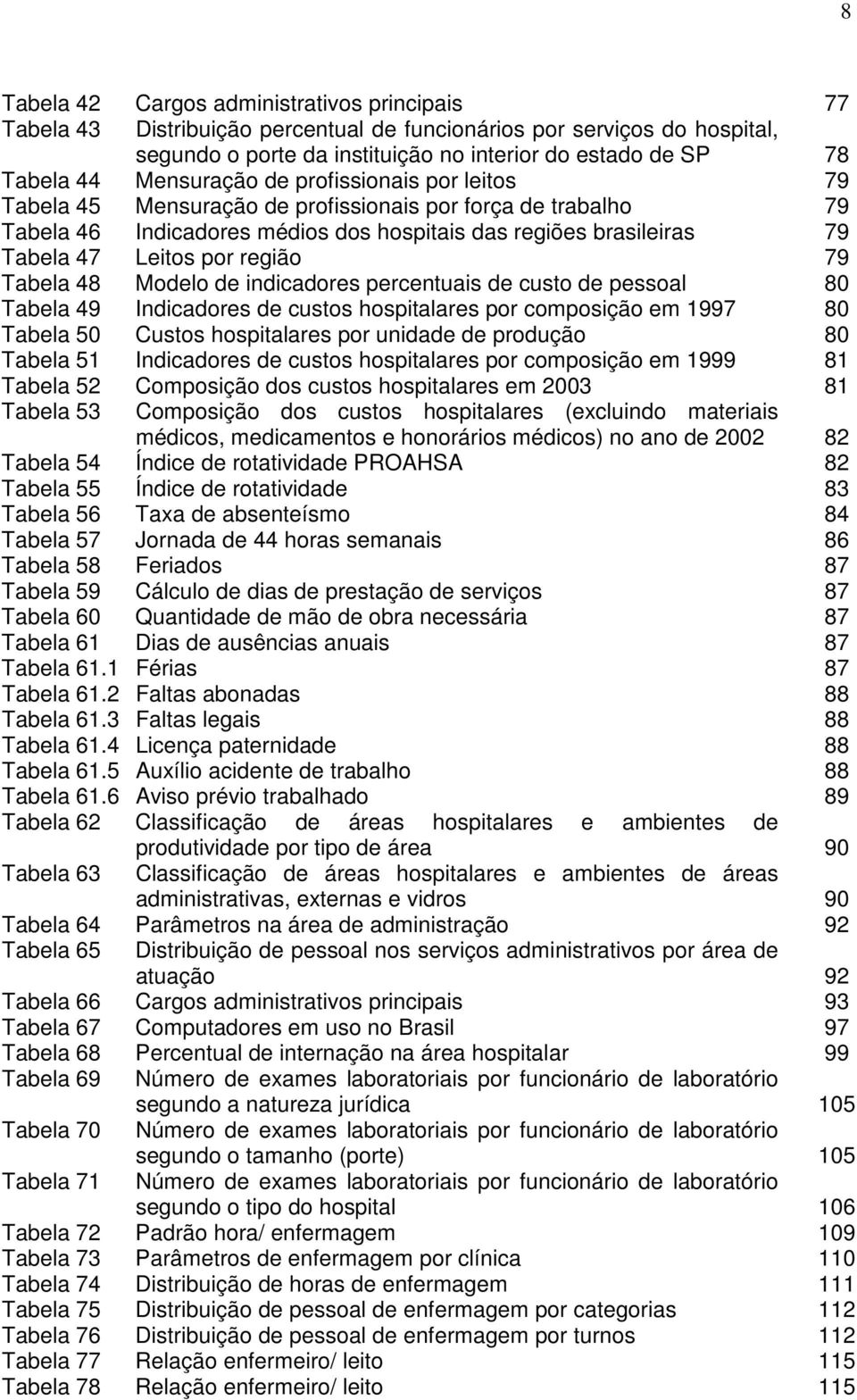 região 79 Tabela 48 Modelo de indicadores percentuais de custo de pessoal 80 Tabela 49 Indicadores de custos hospitalares por composição em 1997 80 Tabela 50 Custos hospitalares por unidade de