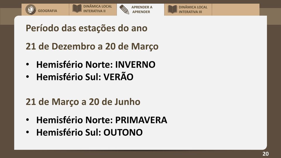 INVERNO Hemisfério Sul: VERÃO 21 de Março a 20 de