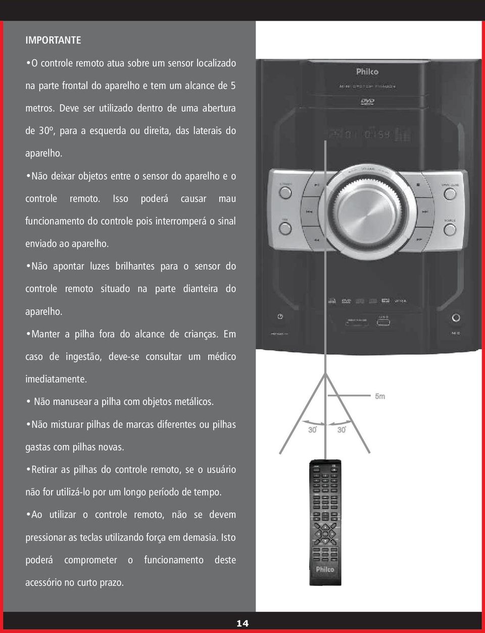 Isso poderá causar mau funcionamento do controle pois interromperá o sinal enviado ao aparelho. Não apontar luzes brilhantes para o sensor do controle remoto situado na parte dianteira do aparelho.