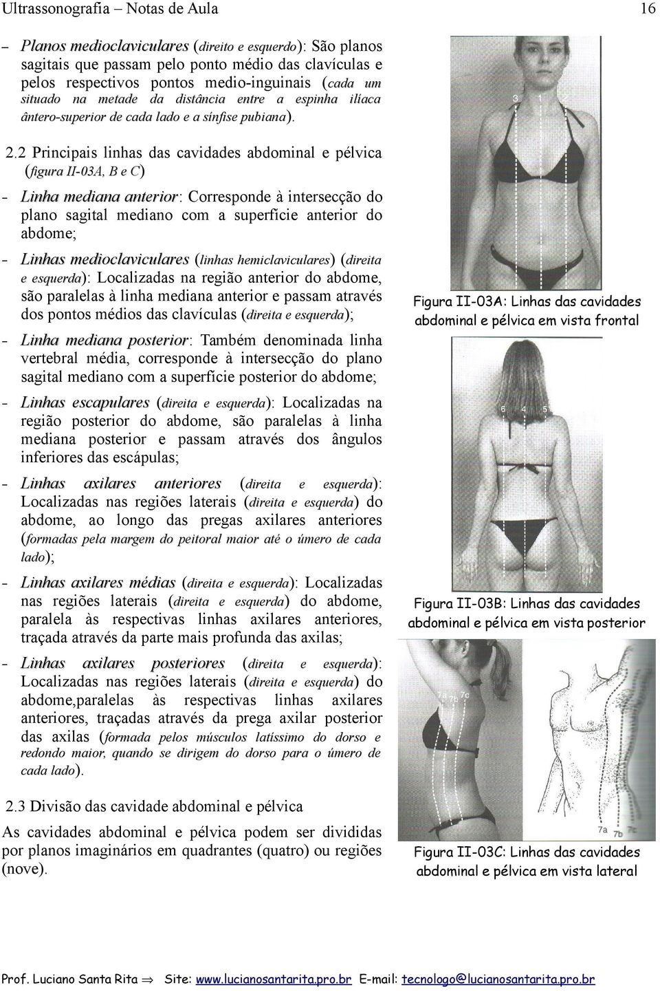 2 Principais linhas das cavidades abdominal e pélvica (figura II-03A, B e C) Linha mediana anterior: anterior Corresponde à intersecção do plano sagital mediano com a superfície anterior do abdome;