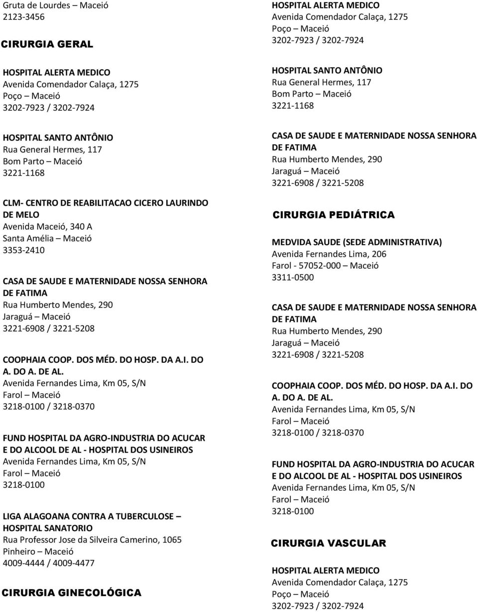 Maceió 3221-6908 / 3221-5208 FUND HOSPITAL DA AGRO-INDUSTRIA DO ACUCAR E DO ALCOOL DE AL - HOSPITAL DOS USINEIROS 3218-0100 LIGA ALAGOANA CONTRA A TUBERCULOSE HOSPITAL SANATORIO Rua Professor Jose da