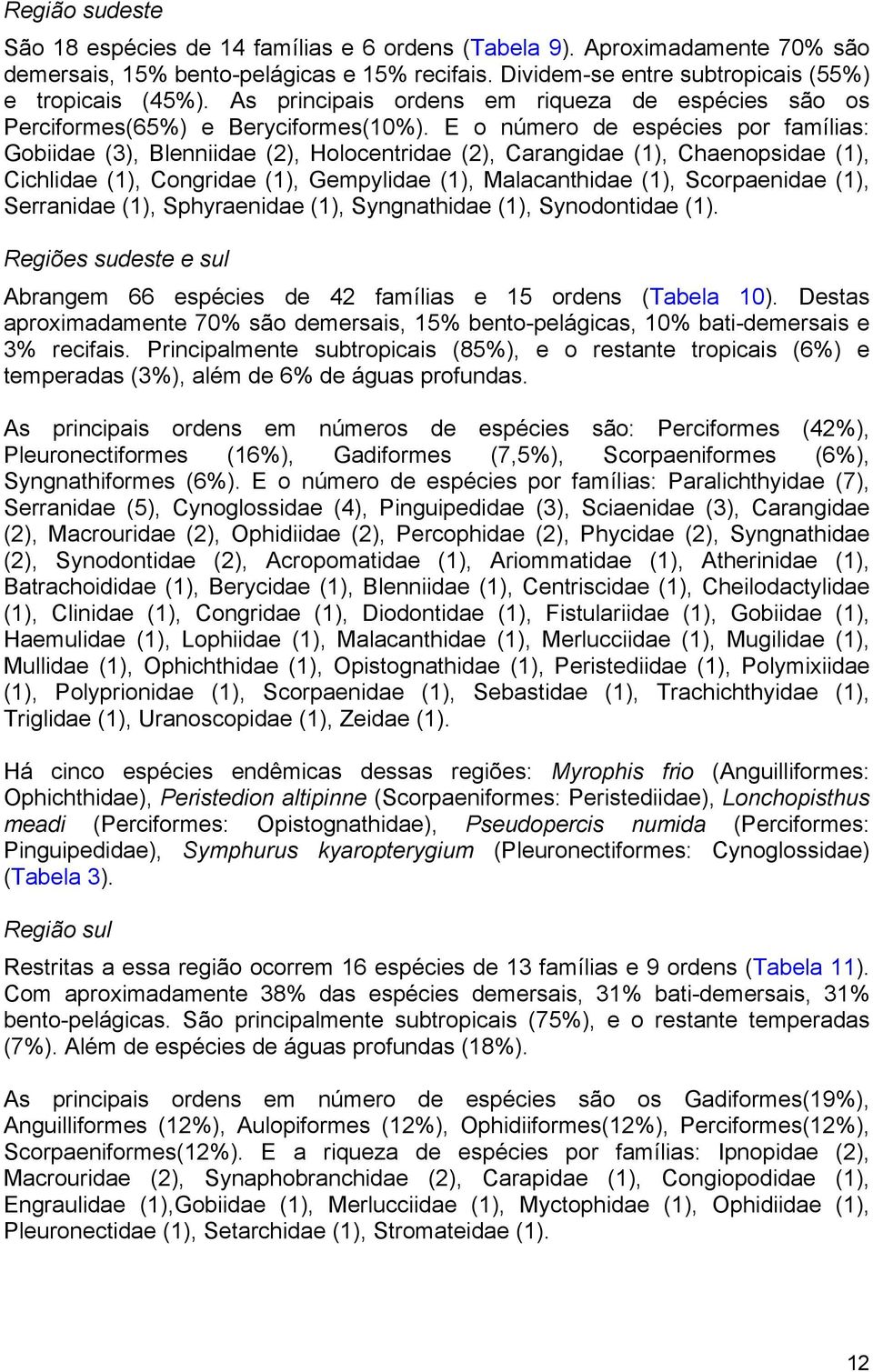 E o número de espécies por famílias: Gobiidae (3), Blenniidae (2), Holocentridae (2), Carangidae (1), Chaenopsidae (1), Cichlidae (1), Congridae (1), Gempylidae (1), Malacanthidae (1), Scorpaenidae