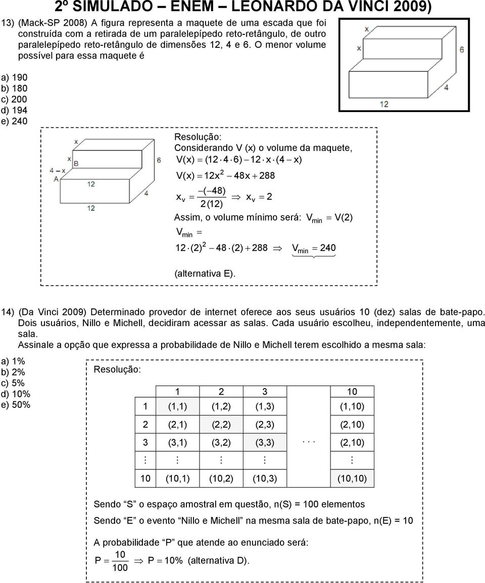 O menor volume possível para essa maquete é a) 190 b) 180 c) 00 d) 194 e) 40 Considerando V (x) o volume da maquete, V(x) (1 4 6) 1 x (4 x) V(x) 1x 48x+ 88 ( 48) xv xv (1) Assim, o volume mínimo