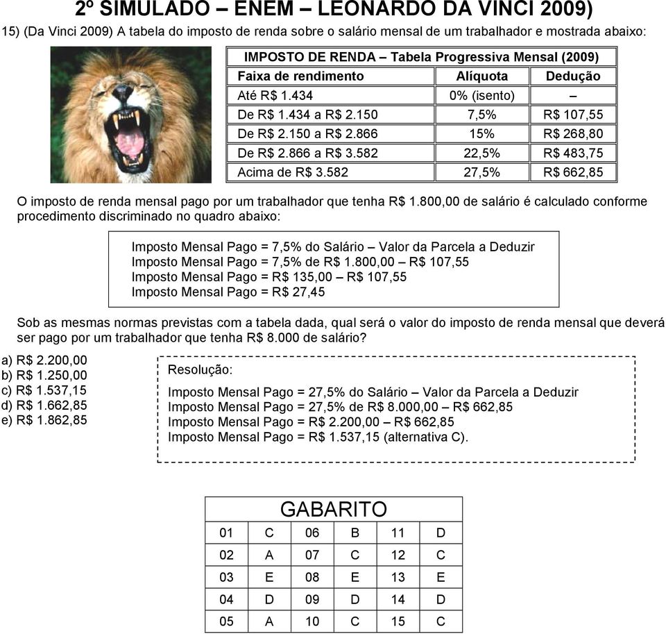 58 7,5% R$ 66,85 O imposto de renda mensal pago por um trabalhador que tenha R$ 1.