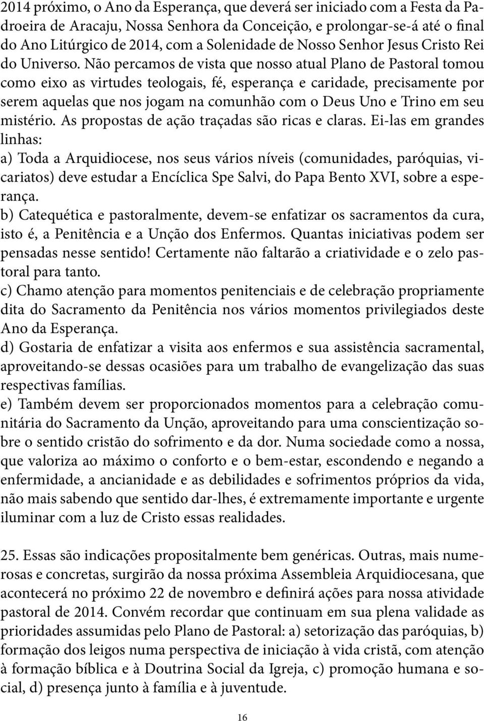 Não percamos de vista que nosso atual Plano de Pastoral tomou como eixo as virtudes teologais, fé, esperança e caridade, precisamente por serem aquelas que nos jogam na comunhão com o Deus Uno e