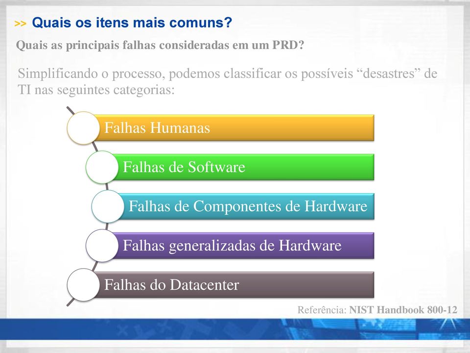 seguintes categorias: Falhas Humanas Falhas de Software Falhas de Componentes de