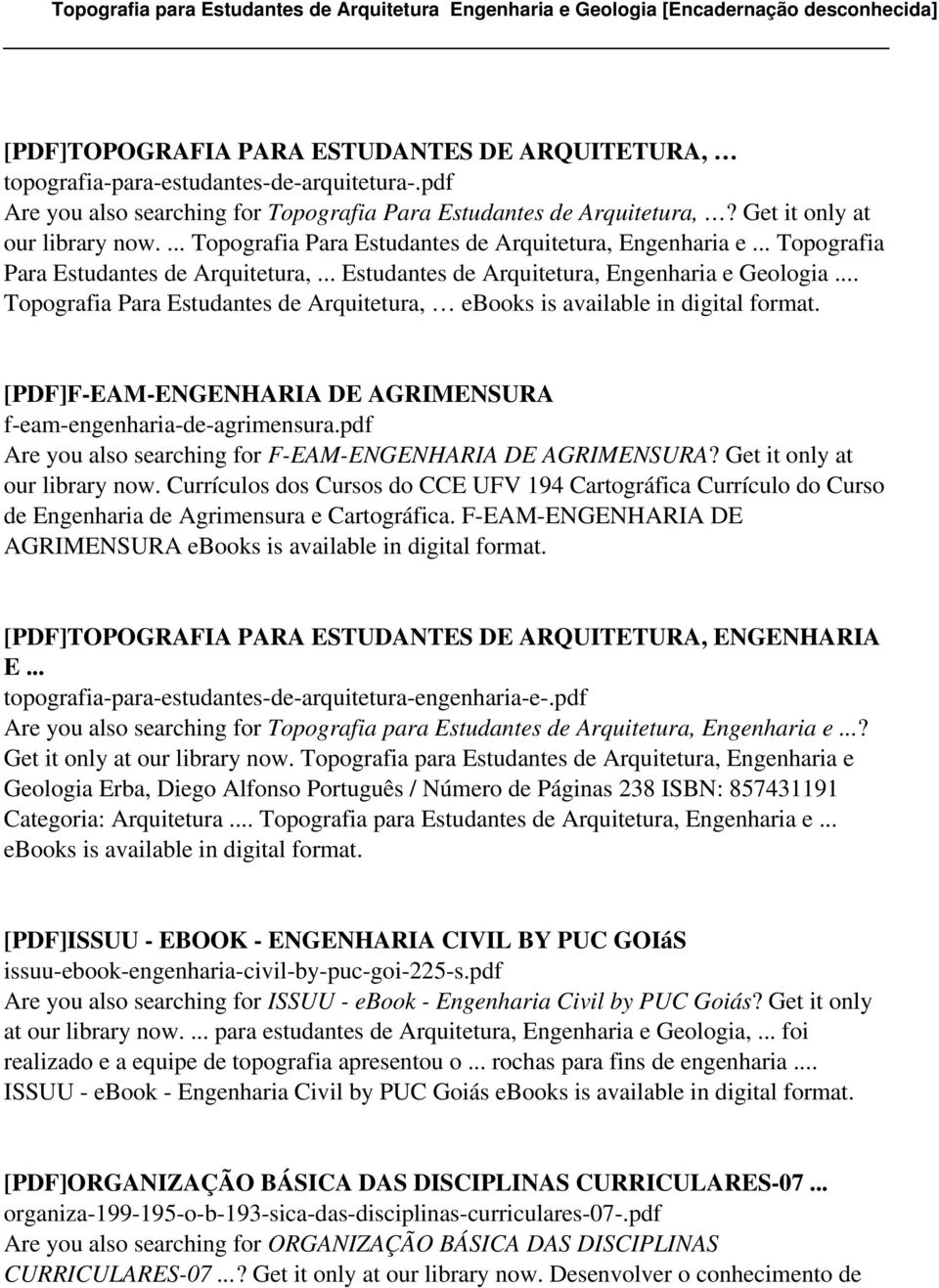 .. Topografia Para Estudantes de Arquitetura, ebooks is available in digital format. [PDF]F-EAM-ENGENHARIA DE AGRIMENSURA f-eam-engenharia-de-agrimensura.