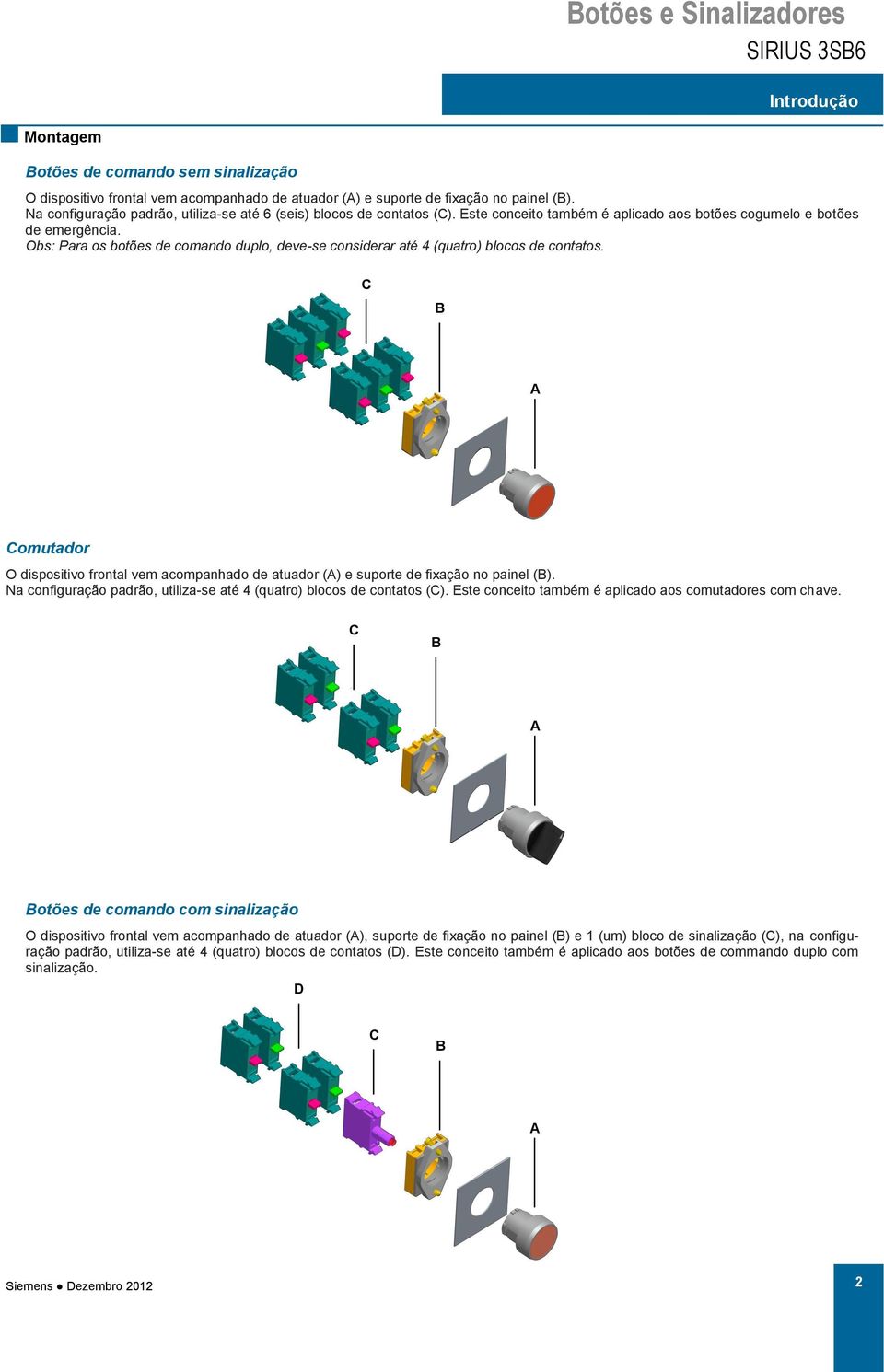 Obs: Para os botões de comando duplo, deve-se considerar até 4 (quatro) blocos de contatos. C B A Comutador O dispositivo frontal vem acompanhado de atuador (A) e suporte de fixação no painel (B).