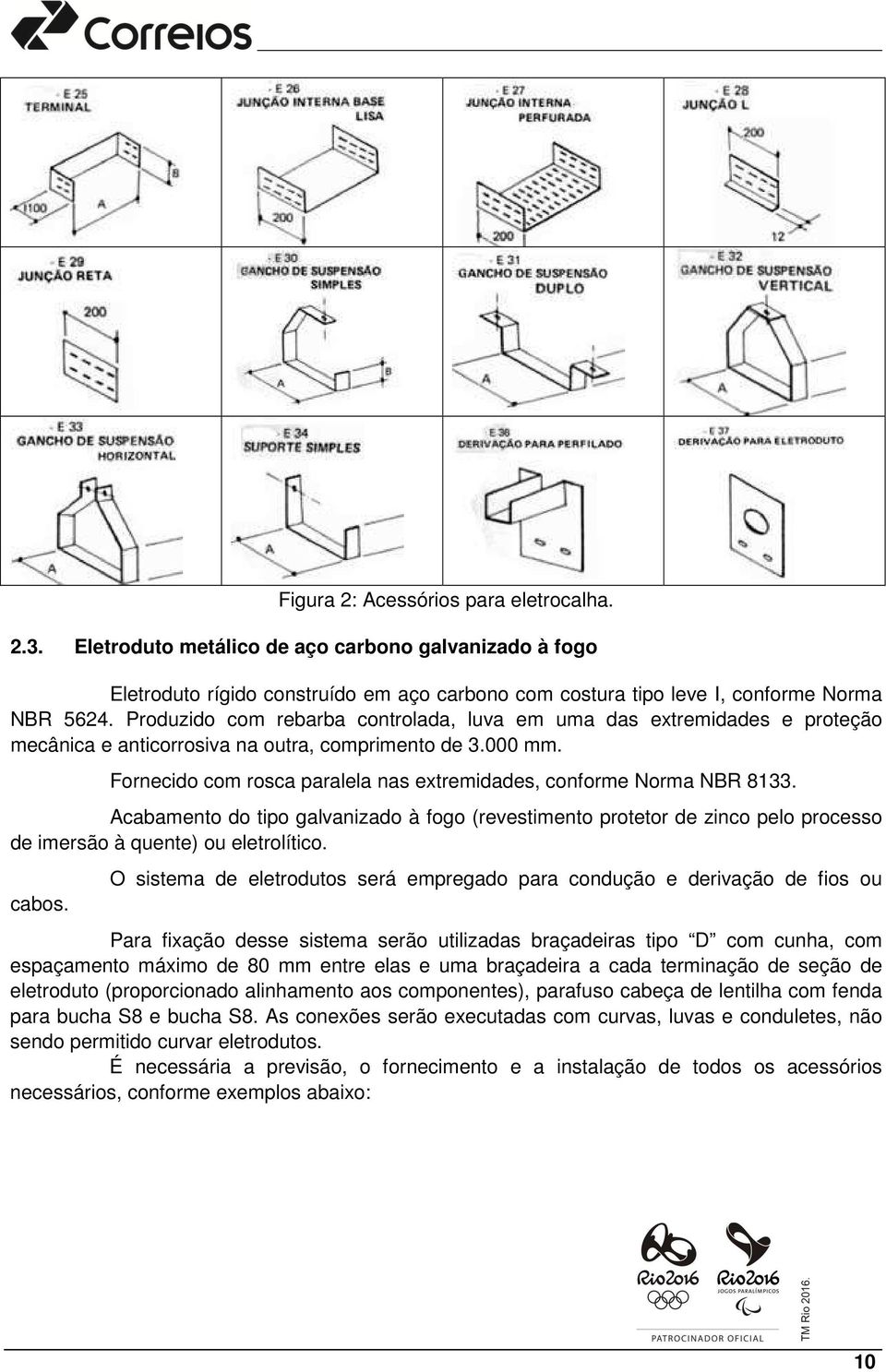 Fornecido com rosca paralela nas extremidades, conforme Norma NBR 8133. Acabamento do tipo galvanizado à fogo (revestimento protetor de zinco pelo processo de imersão à quente) ou eletrolítico. cabos.