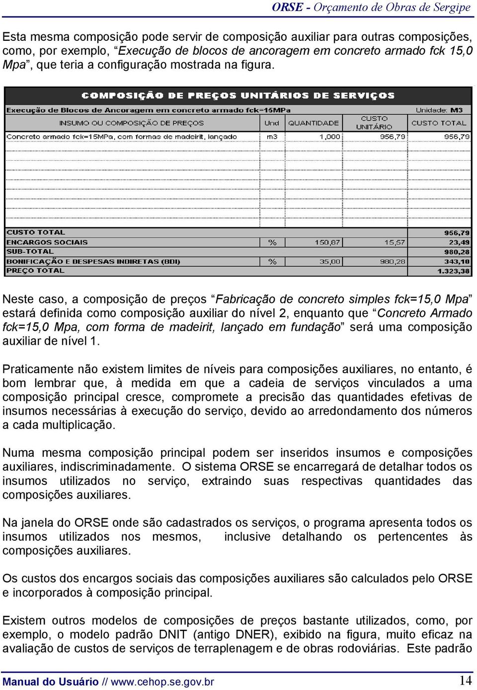 Neste caso, a composição de preços Fabricação de concreto simples fck=15,0 Mpa estará definida como composição auxiliar do nível 2, enquanto que Concreto Armado fck=15,0 Mpa, com forma de madeirit,