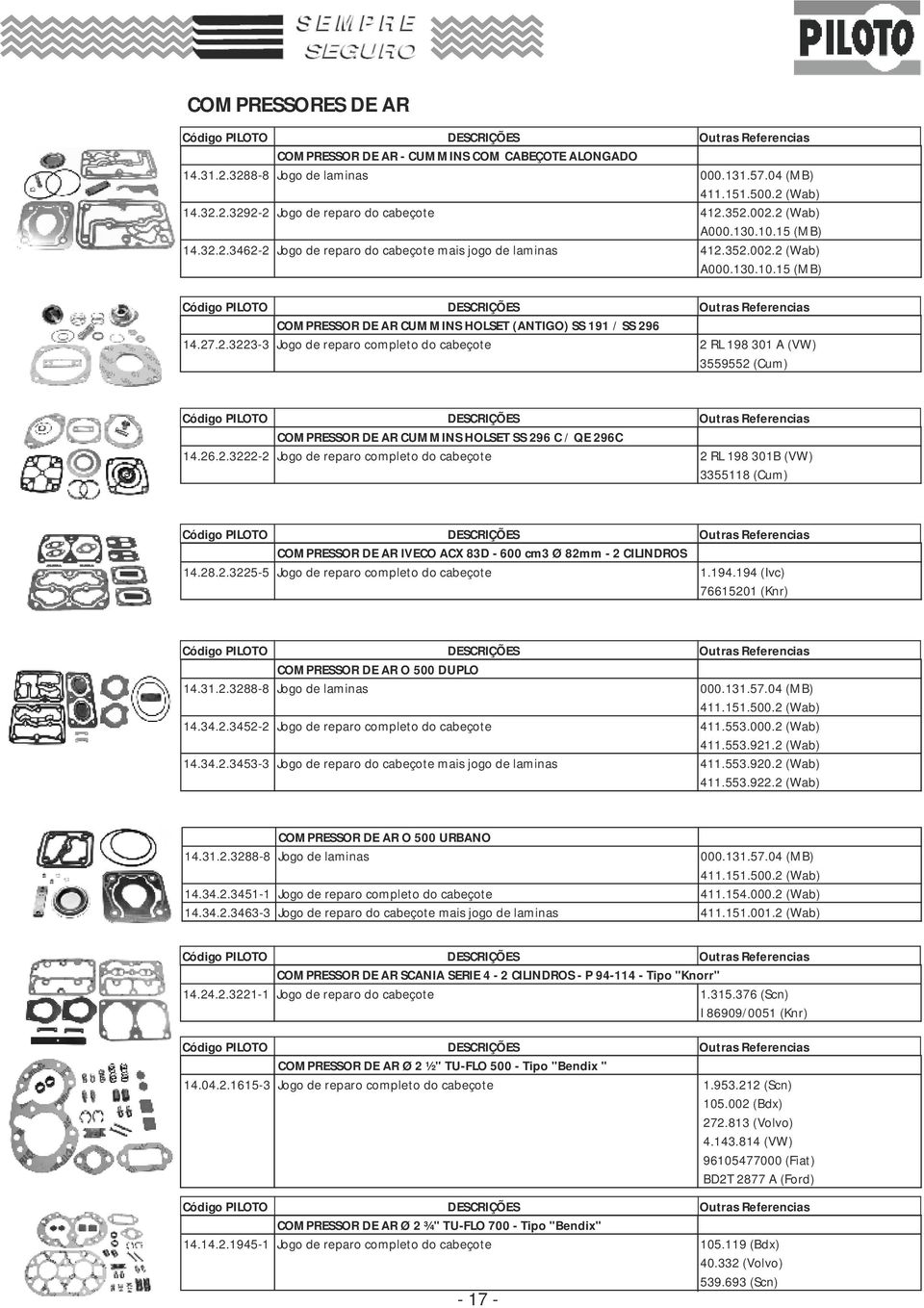 26.2.3222-2 Jogo de reparo completo do cabeçote 2 RL 198 301B (VW) 33118 (Cum) COMPRESSOR DE AR IVECO ACX 83D - 600 cm3 Ø 82mm - 2 CILINDROS 14.28.2.32- Jogo de reparo completo do cabeçote 1.194.