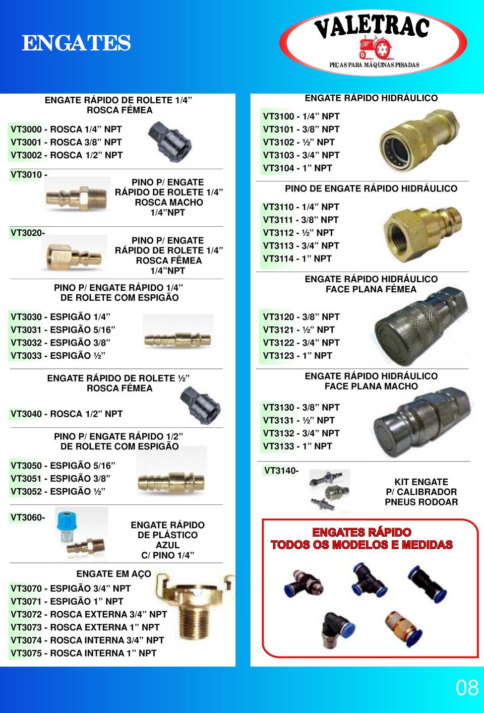 ROSCA FÉMEA VT3040 - ROSCA-1/2 NPT PINO P/ ENGATE RÁPIDO 1/2 DE ROLETE COM ESPIGÃO VT3100-1/4 NPT VT3101-3/8 NPT VT3102 - ½ NPT VT3103-3/4 NPT VT3104-1 NPT ENGATE RÁPIDO HIDRÁULICO PINO DE ENGATE