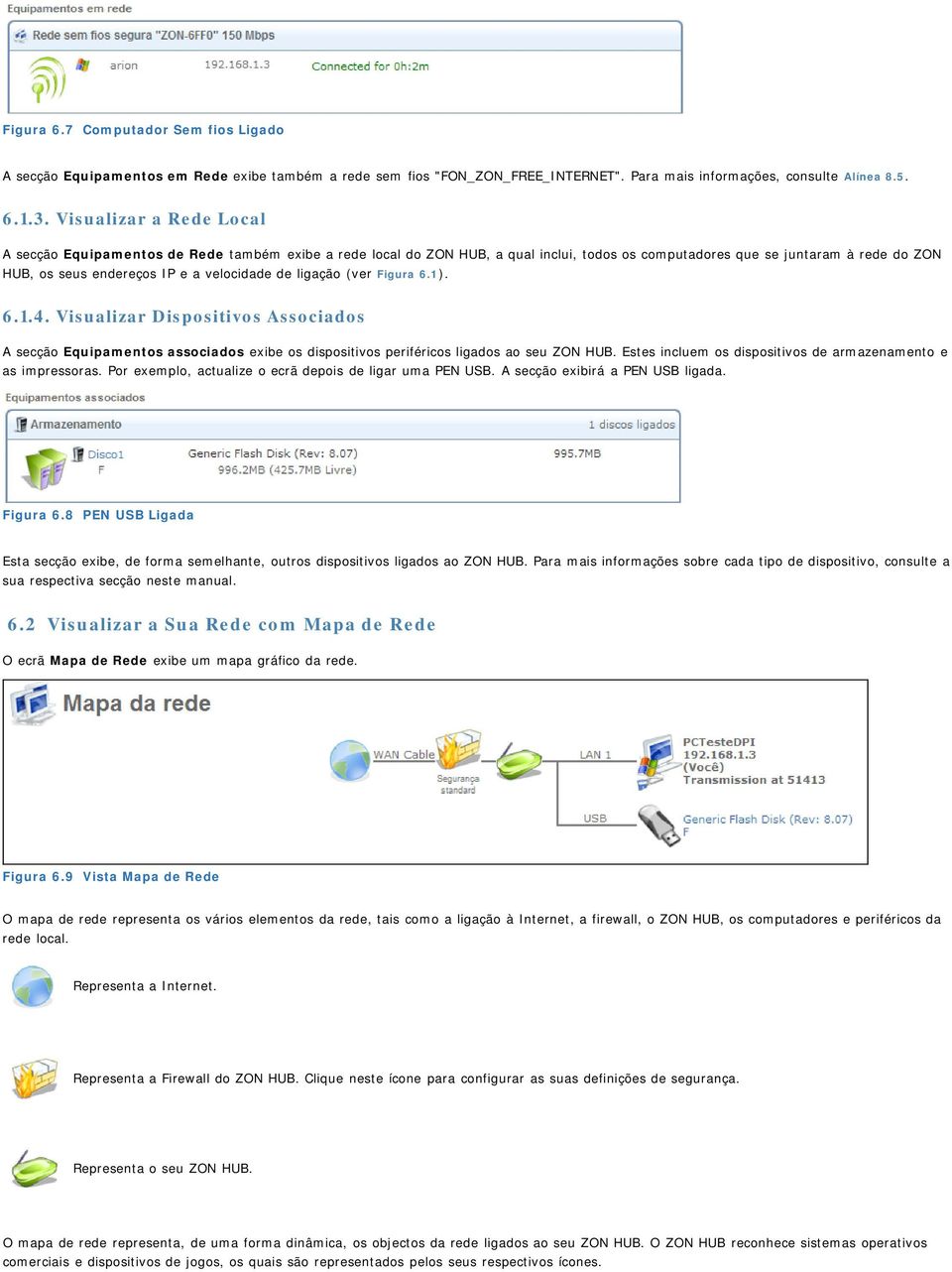 de ligação (ver Figura 6.1). 6.1.4. Visualizar Dispositivos Associados A secção Equipamentos associados exibe os dispositivos periféricos ligados ao seu ZON HUB.