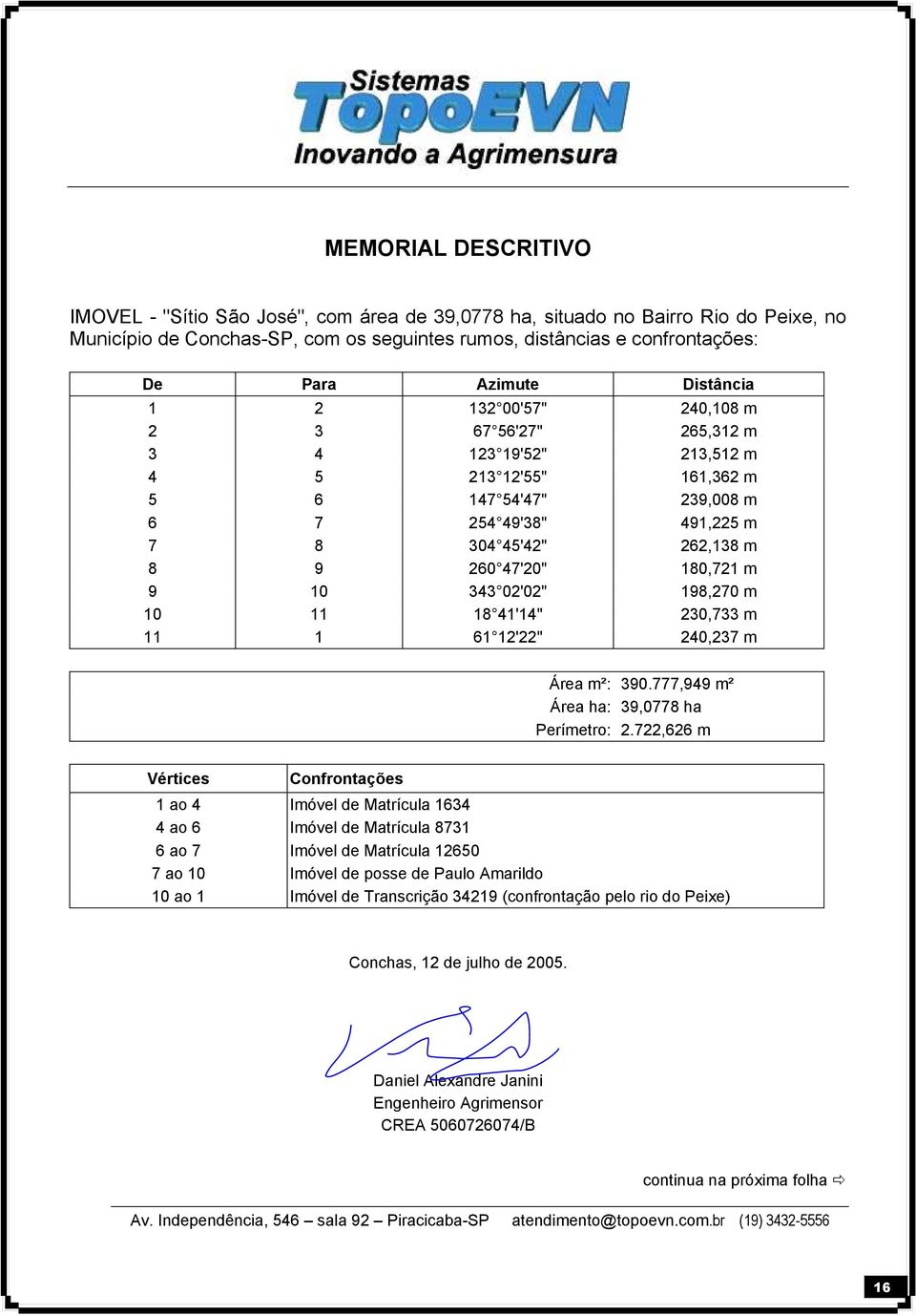 180,721 m 9 10 343 02'02" 198,270 m 10 11 18 41'14" 230,733 m 11 1 61 12'22" 240,237 m Área m²: 390.777,949 m² Área ha: 39,0778 ha Perímetro: 2.