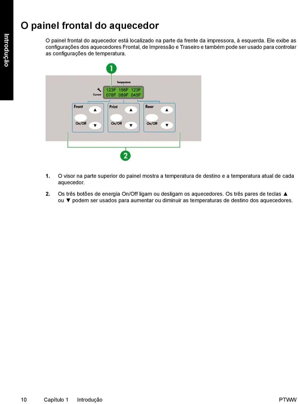 O visor na parte superior do painel mostra a temperatura de destino e a temperatura atual de cada aquecedor. 2.