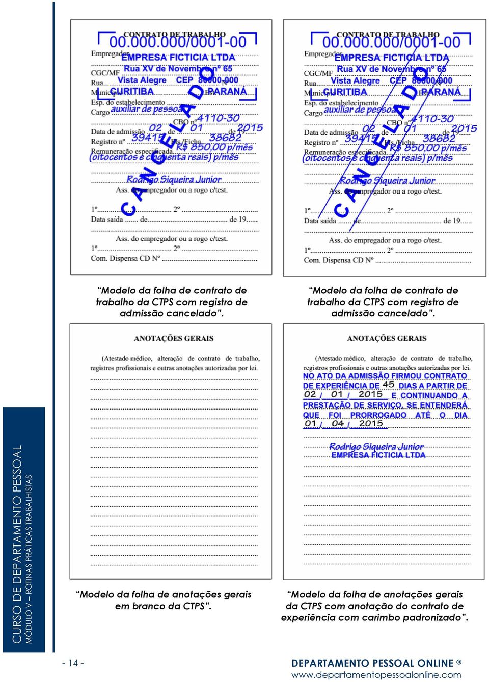 Modelo da folha de anotações gerais da CTPS com anotação do contrato de experiência