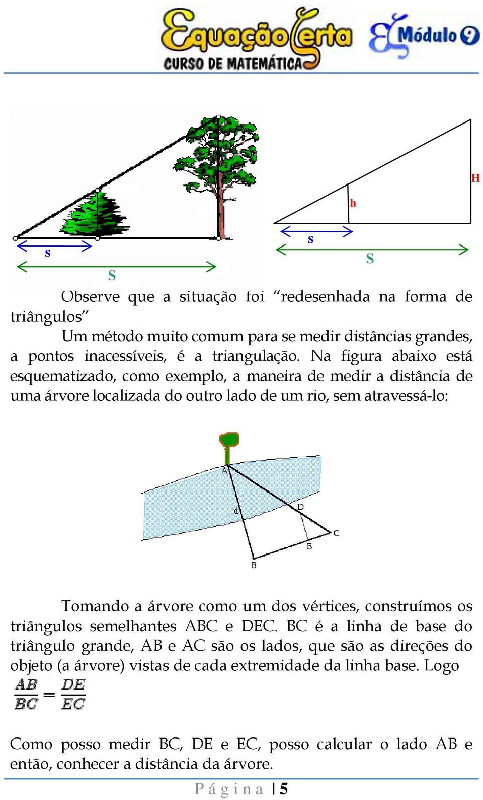 Na figura abaixo está esquematizado, como exemplo, a maneira de medir a distância de uma árvore localizada do outro lado de um rio, sem atravessá-lo: Tomando a árvore
