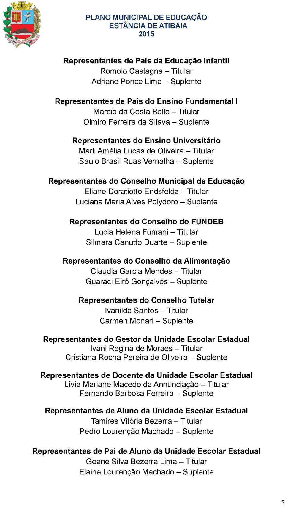 Titular Luciana Maria Alves Polydoro Suplente Representantes do Conselho do FUNDEB Lucia Helena Fumani Titular Silmara Canutto Duarte Suplente Representantes do Conselho da Alimentação Claudia Garcia