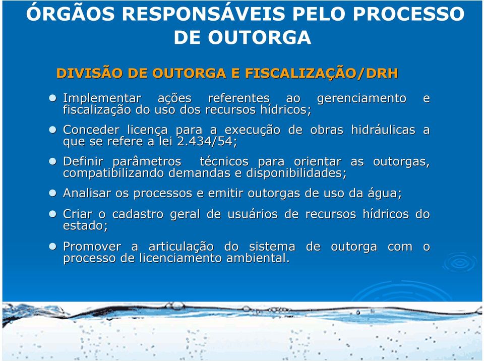 434/54; Definir parâmetros técnicos t para orientar as outorgas, compatibilizando demandas e disponibilidades; Analisar os processos e emitir