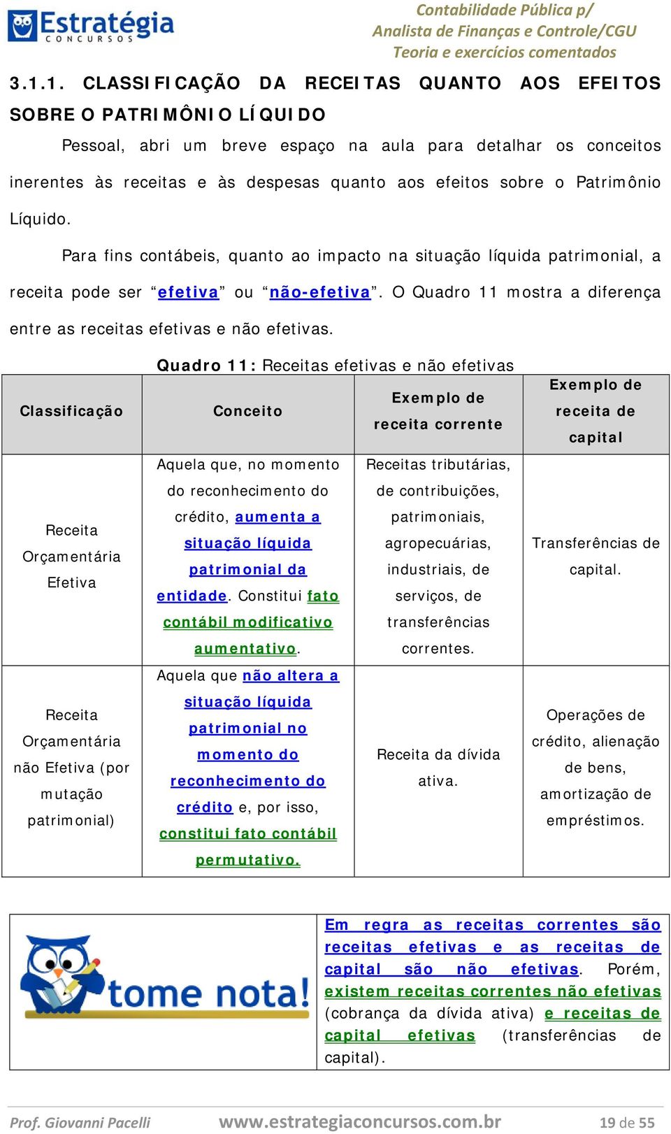 O Quadro 11 mostra a diferença entre as receitas efetivas e não efetivas.