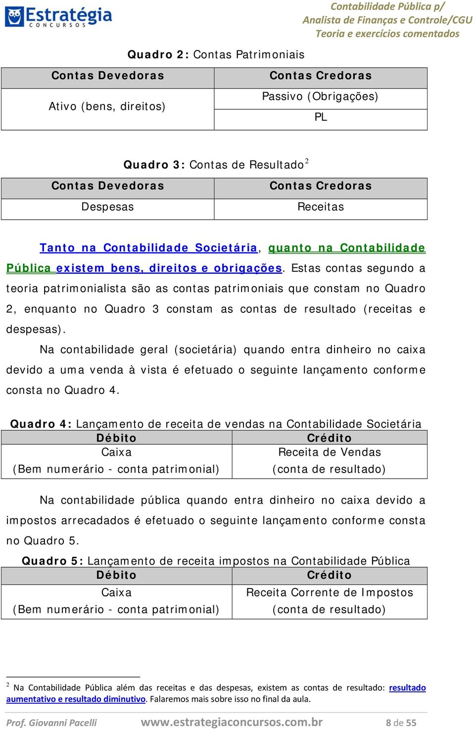 Estas contas segundo a teoria patrimonialista são as contas patrimoniais que constam no Quadro 2, enquanto no Quadro 3 constam as contas de resultado (receitas e despesas).