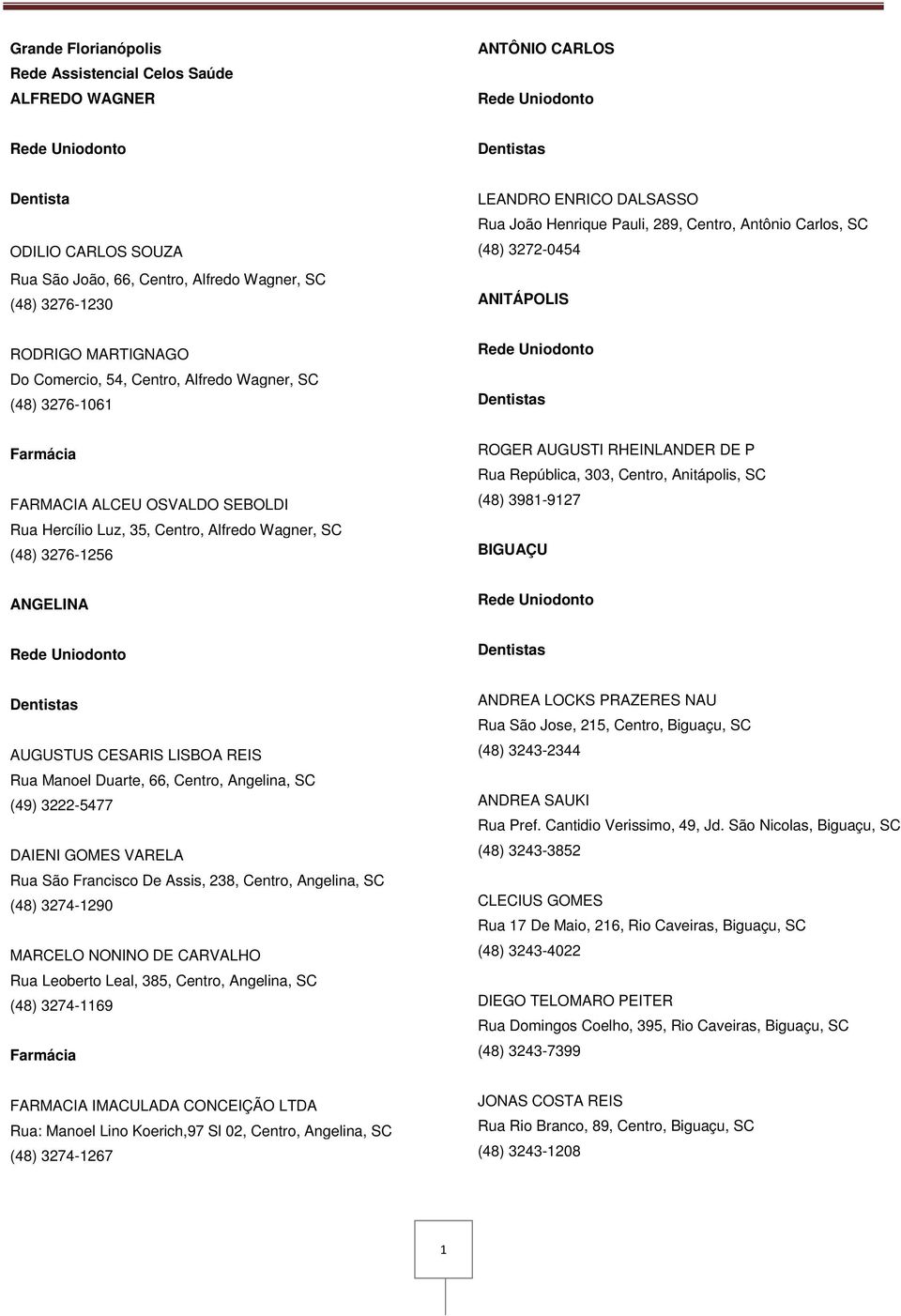 Rua Hercílio Luz, 35, Centro, Alfredo Wagner, SC (48) 3276-1256 ROGER AUGUSTI RHEINLANDER DE P Rua República, 303, Centro, Anitápolis, SC (48) 3981-9127 BIGUAÇU ANGELINA AUGUSTUS CESARIS LISBOA REIS