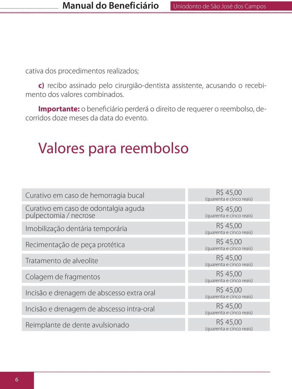 Valores para reembolso Curativo em caso de hemorragia bucal Curativo em caso de odontalgia aguda pulpectomia / necrose Imobilização dentária temporária Recimentação de peça protética Tratamento de