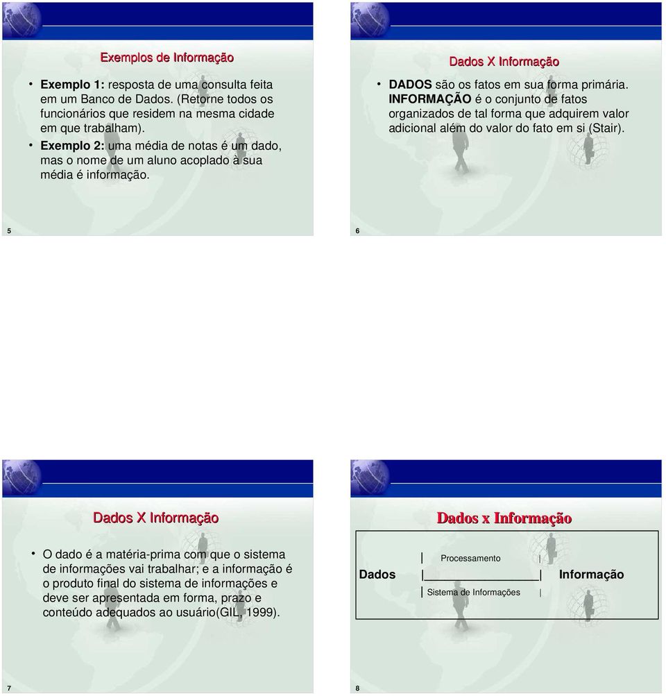 INFORMAÇÃO é o conjunto de fatos organizados de tal forma que adquirem valor adicional além do valor do fato em si (Stair).