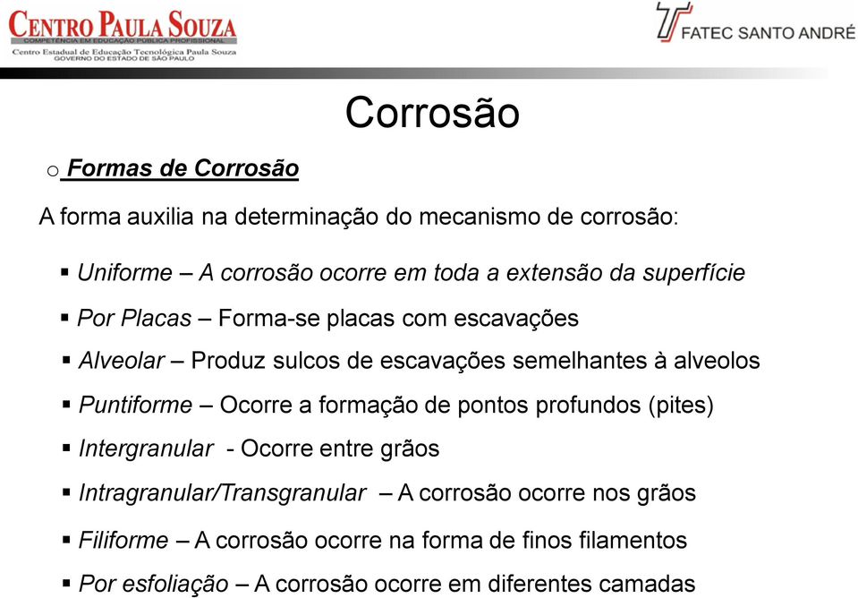 Puntiforme Ocorre a formação de pontos profundos (pites) Intergranular - Ocorre entre grãos Intragranular/Transgranular A