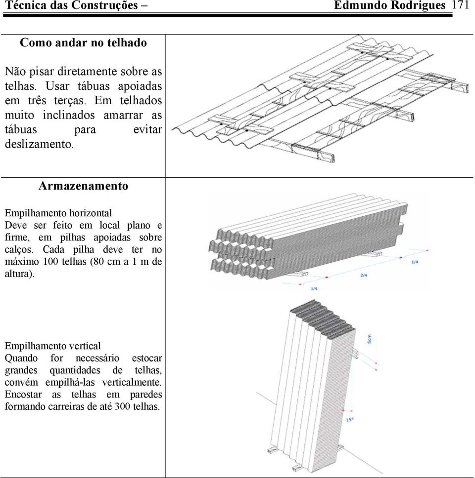 Armazenamento Empilhamento horizontal Deve ser feito em local plano e firme, em pilhas apoiadas sobre calços.