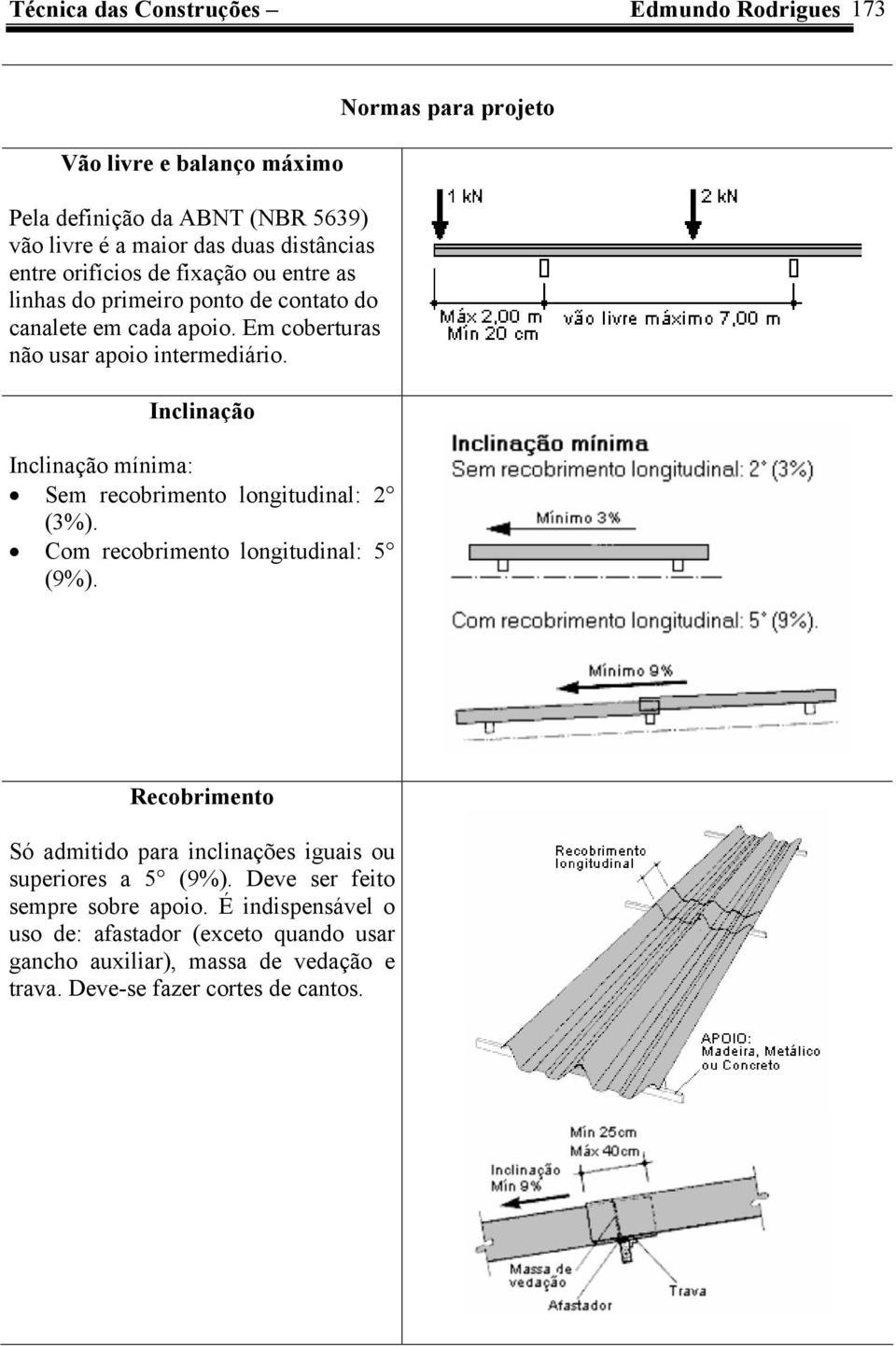 Inclinação Inclinação mínima: Sem recobrimento longitudinal: (3%). Com recobrimento longitudinal: 5 (9%).