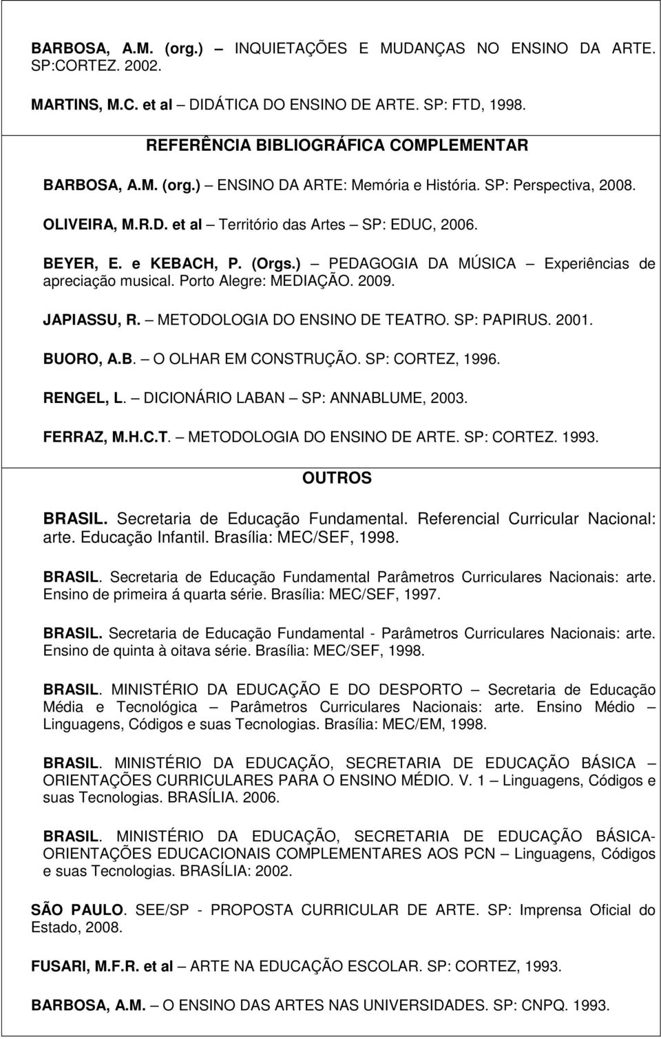 JAPIASSU, R. METODOLOGIA DO ENSINO DE TEATRO. SP: PAPIRUS. 2001. BUORO, A.B. O OLHAR EM CONSTRUÇÃO. SP: CORTEZ, 1996. RENGEL, L. DICIONÁRIO LABAN SP: ANNABLUME, 2003. FERRAZ, M.H.C.T. METODOLOGIA DO ENSINO DE ARTE.