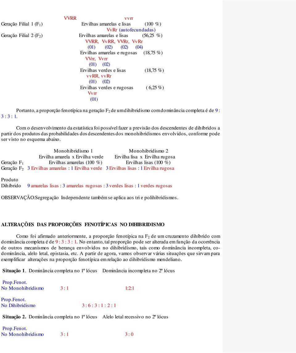 geração F 2 de um dihibridismo com dominância completa é de 9 : 3 : 3 : 1.