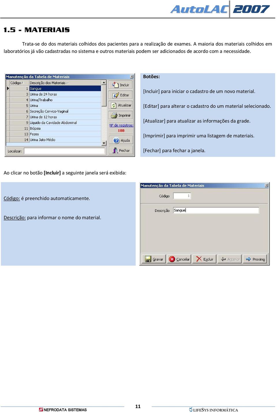 Botões: [Incluir] para iniciar o cadastro de um novo material. [Editar] para alterar o cadastro do um material selecionado.