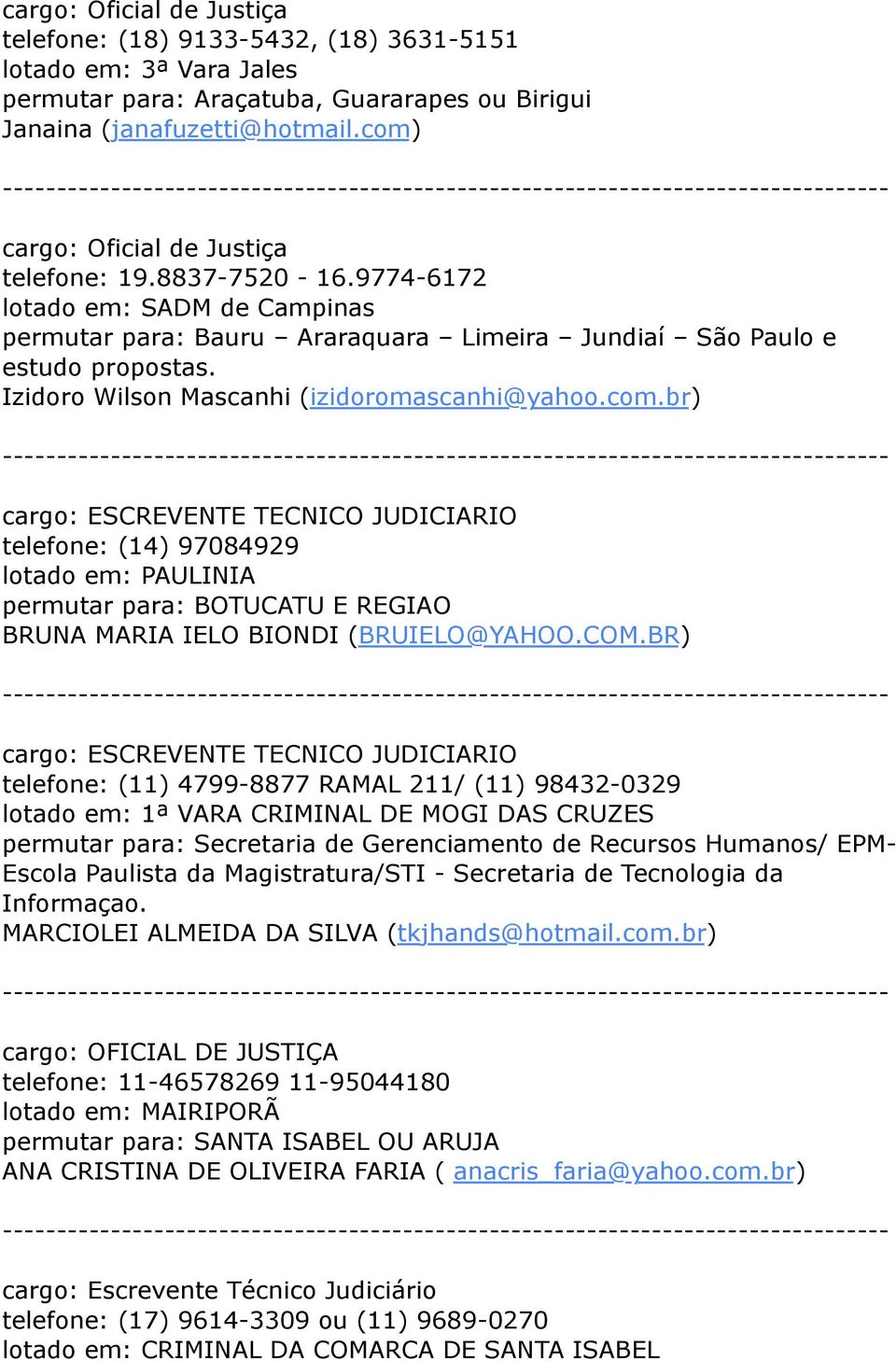 br) cargo: ESCREVENTE TECNICO JUDICIARIO telefone: (14) 97084929 lotado em: PAULINIA permutar para: BOTUCATU E REGIAO BRUNA MARIA IELO BIONDI (BRUIELO@YAHOO.COM.
