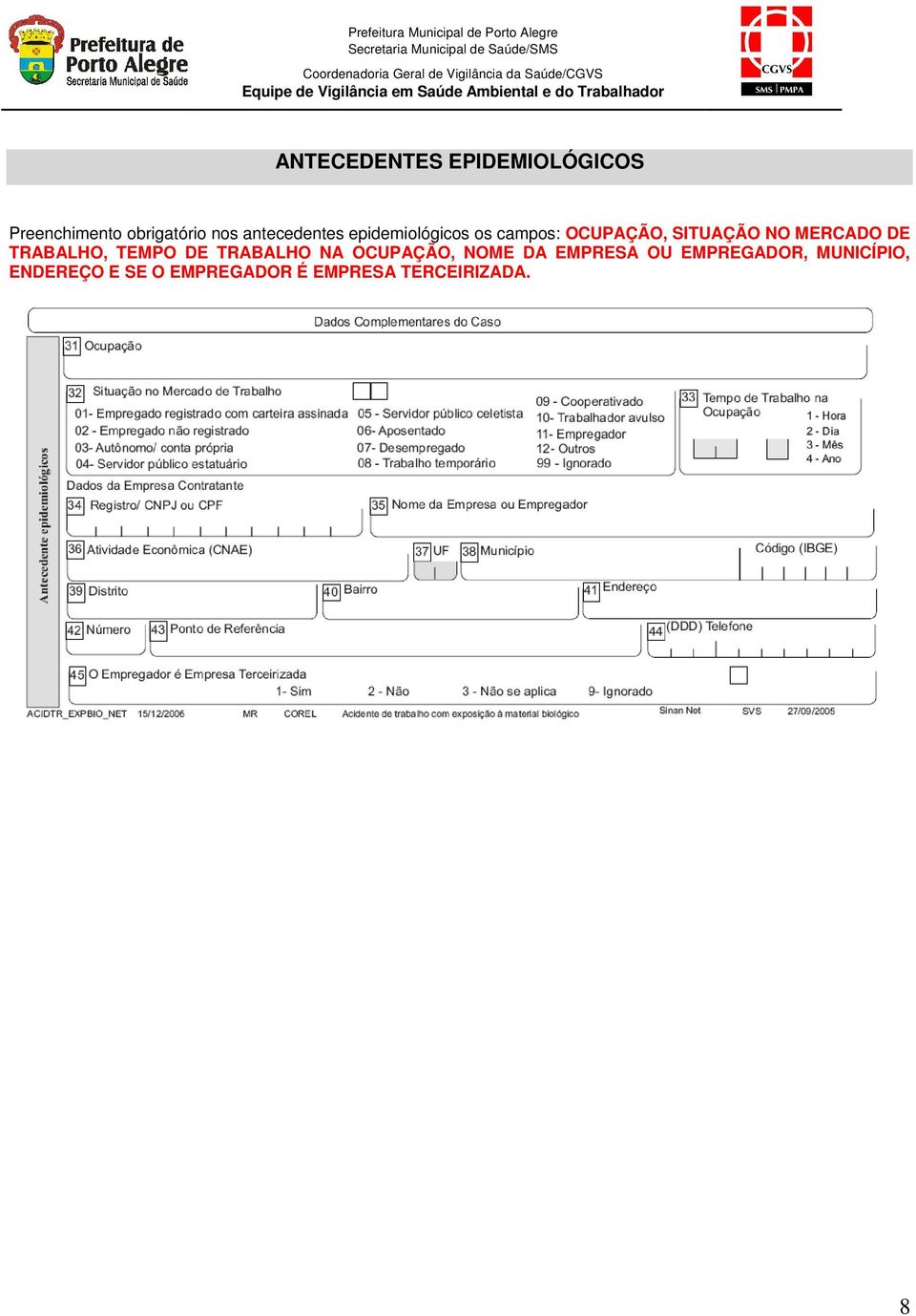 obrigatório nos antecedentes epidemiológicos os campos: OCUPAÇÃO, SITUAÇÃO NO MERCADO DE TRABALHO, TEMPO DE