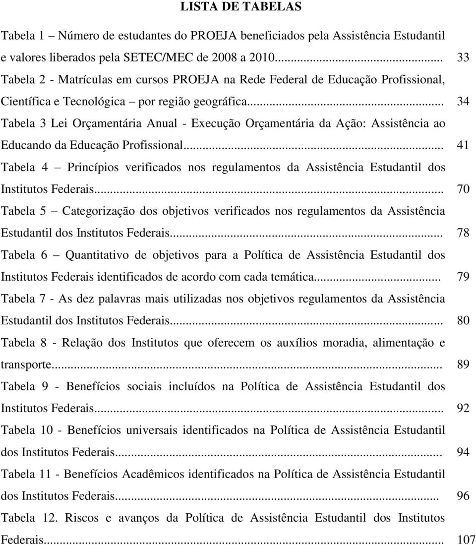 .. 34 Tabela 3 Lei Orçamentária Anual - Execução Orçamentária da Ação: Assistência ao Educando da Educação Profissional.