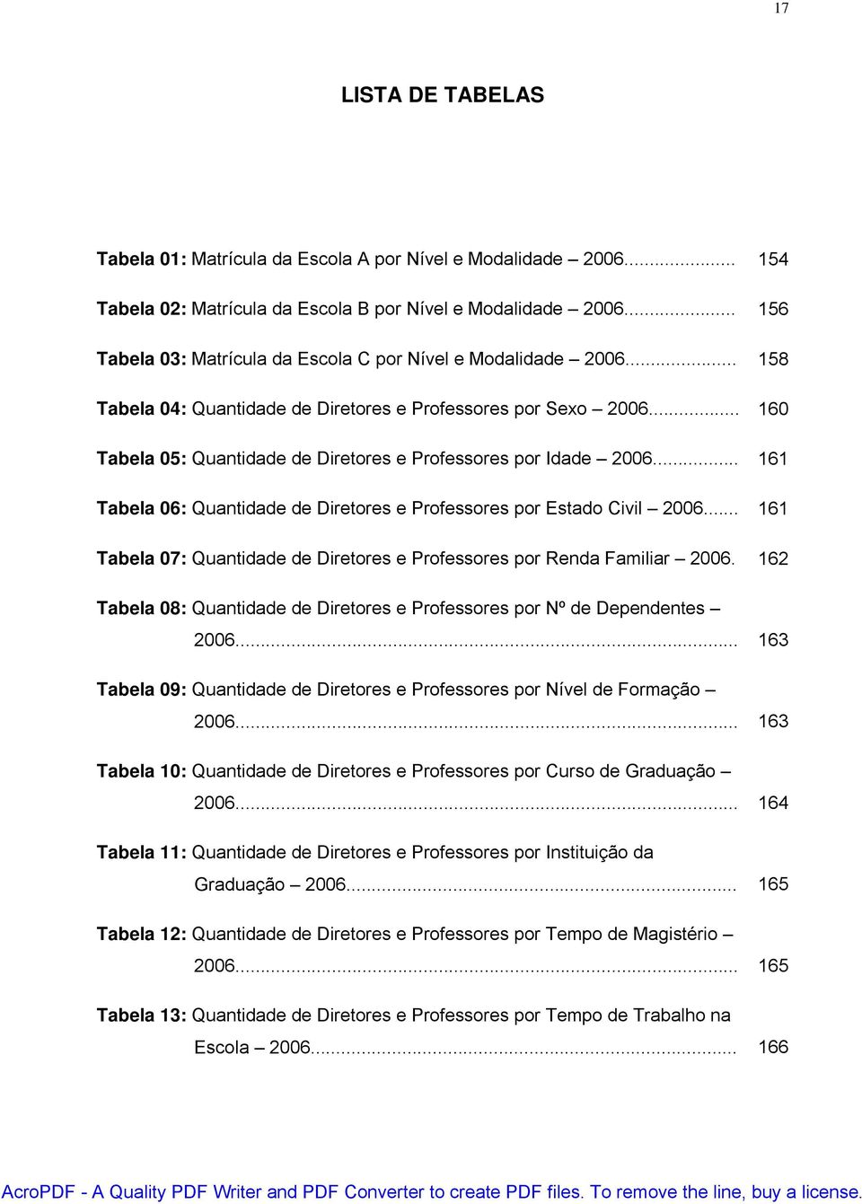 .. 160 Tabela 05: Quantidade de Diretores e Professores por Idade 2006... 161 Tabela 06: Quantidade de Diretores e Professores por Estado Civil 2006.