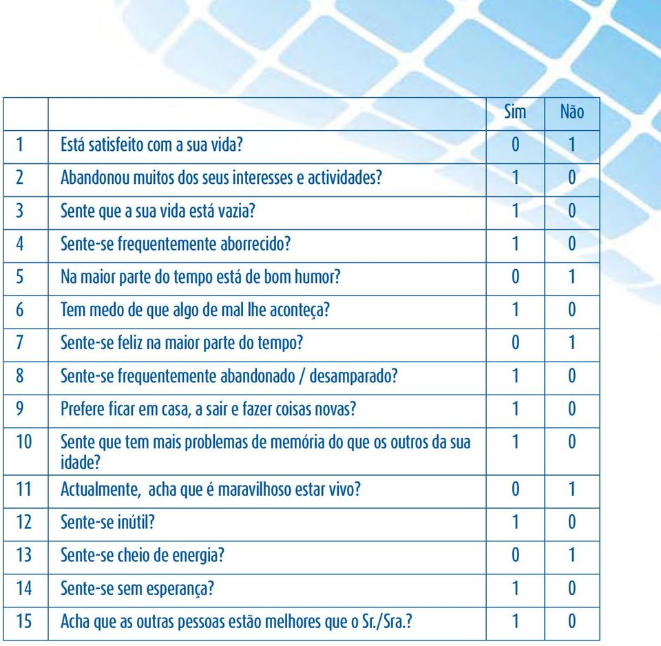 0 1 8 Sente-se frequentemente abandonado / desamparado? 1 0 9 Prefere ficar em casa, a sair e fazer coisas novas?