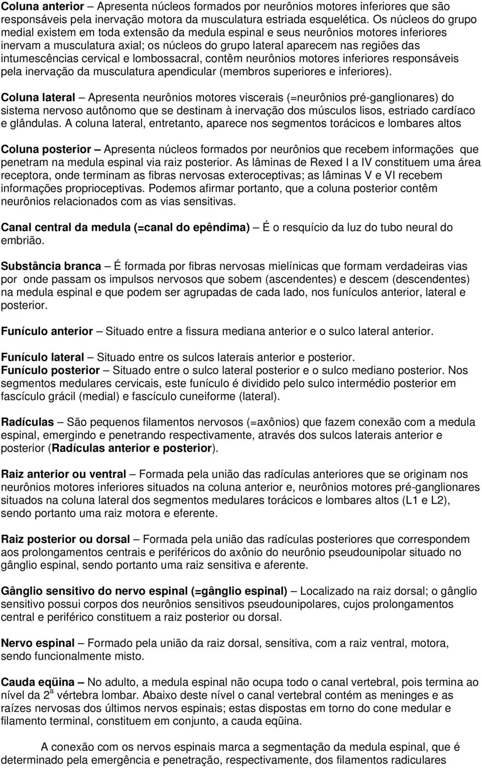 intumescências cervical e lombossacral, contêm neurônios motores inferiores responsáveis pela inervação da musculatura apendicular (membros superiores e inferiores).