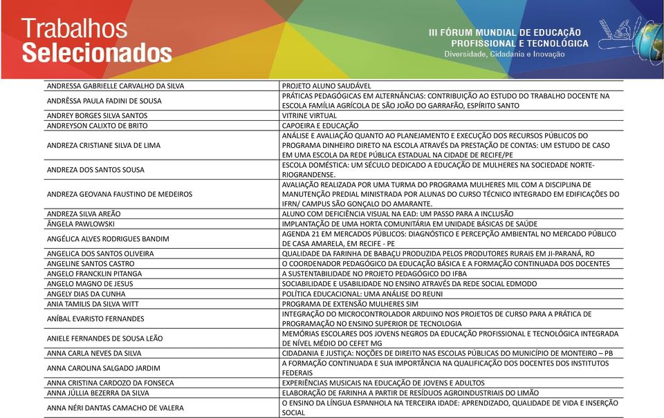 DIAS DA CUNHA ANIA TAMILIS DA SILVA WITT ANÍBAL EVARISTO FERNANDES ANIELE FERNANDES DE SOUSA LEÃO ANNA CARLA NEVES DA SILVA ANNA CAROLINA SALGADO JARDIM ANNA CRISTINA CARDOZO DA FONSECA ANNA JÚLLIA