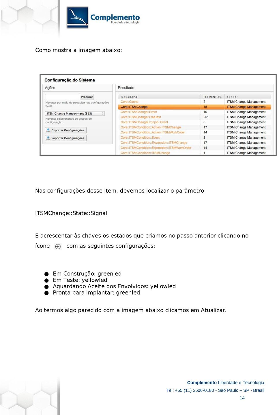 ícone com as seguintes configurações: Em Construção: greenled Em Teste: yellowled Aguardando Aceite dos