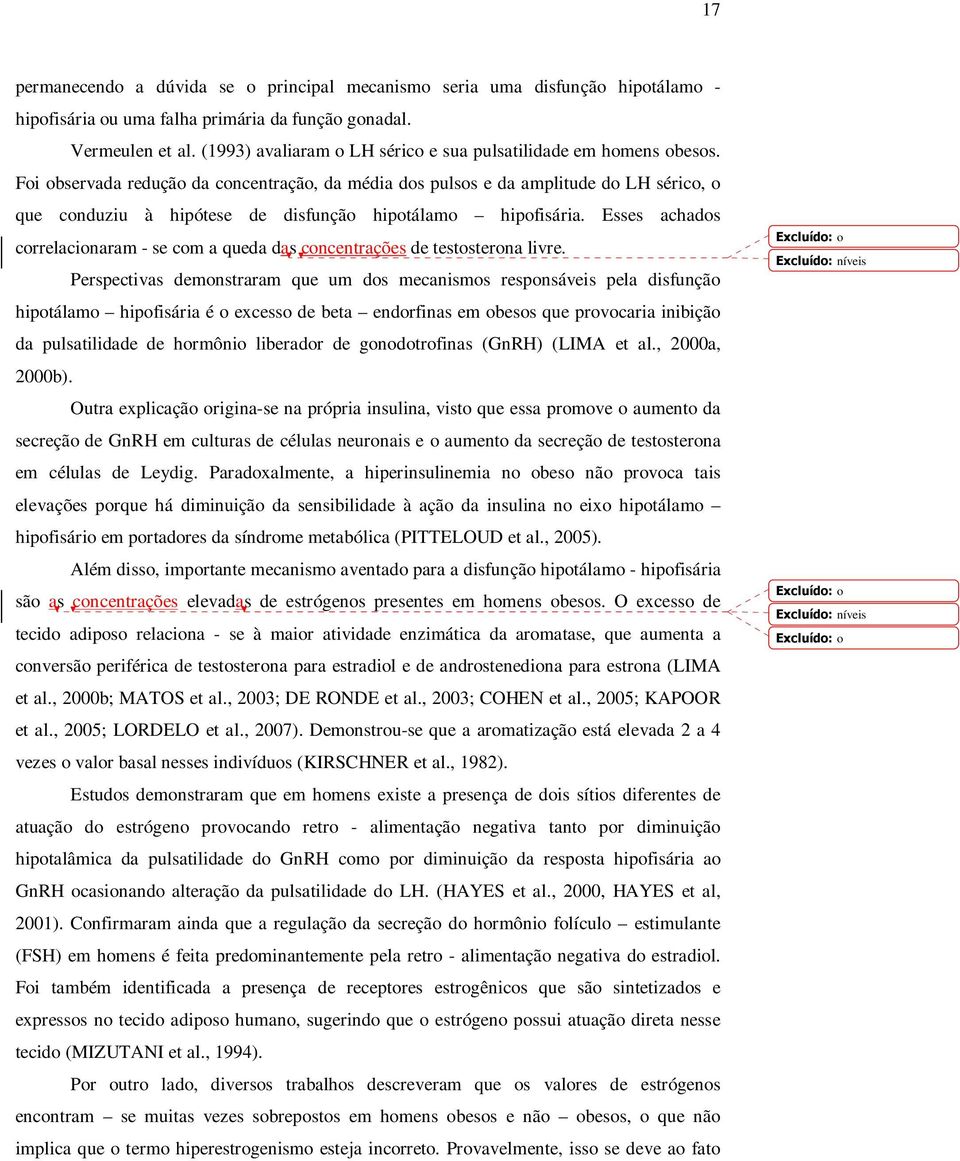 Foi observada redução da concentração, da média dos pulsos e da amplitude do LH sérico, o que conduziu à hipótese de disfunção hipotálamo hipofisária.