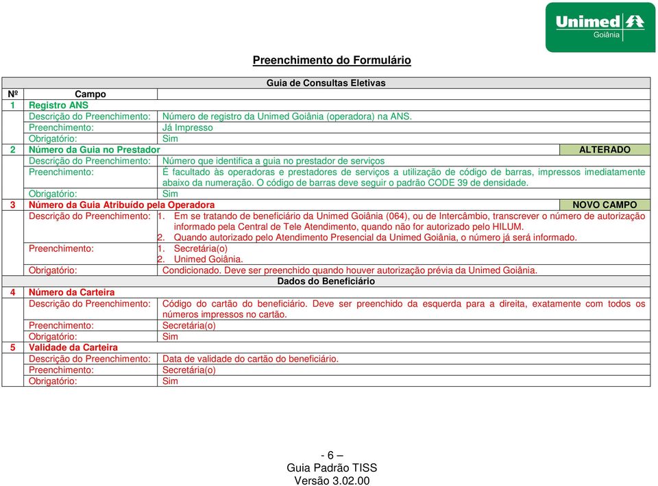 barras, impressos imediatamente abaixo da numeração. O código de barras deve seguir o padrão CODE 39 de densidade. 3 Número da Guia Atribuído pela Operadora NOVO CAMPO Descrição do 1.