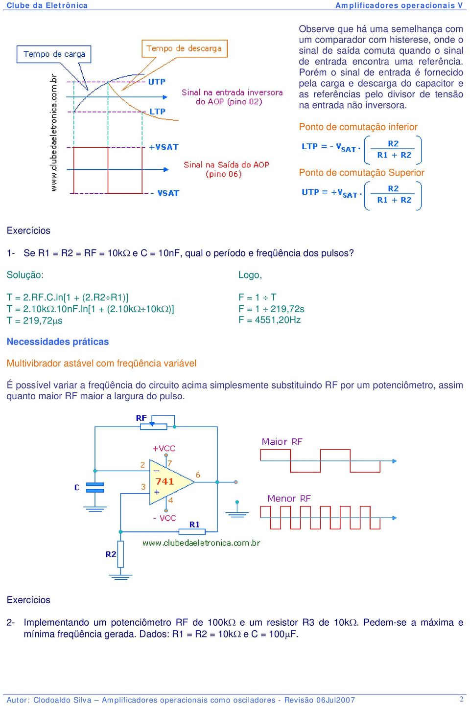 Ponto de comutação inferior Ponto de comutação Superior 1- Se R1 = R2 = RF = 10kΩ e C = 10nF, qual o período e freqüência dos pulsos? Solução: T = 2.RF.C.ln[1 + (2.