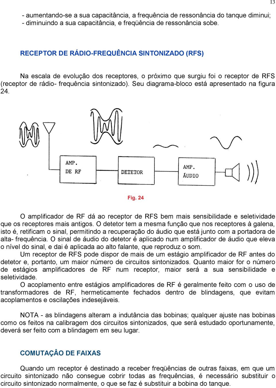 Seu diagrama-bloco está apresentado na figura 24. O amplificador de RF dá ao receptor de RFS bem mais sensibilidade e seletividade que os receptores mais antigos.