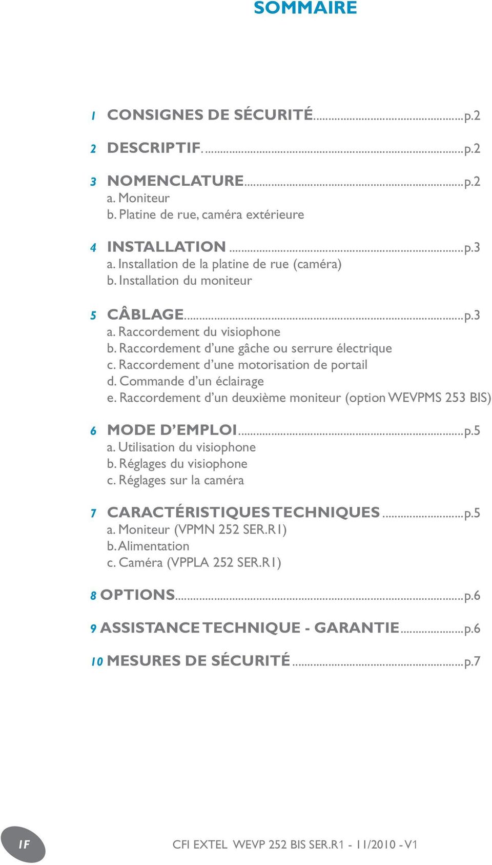 Raccordement d une motorisation de portail d. Commande d un éclairage e. Raccordement d un deuxième moniteur (option WEVPMS 253 BIS) 6 MODE D EMPLOI...p.5 a. Utilisation du visiophone b.