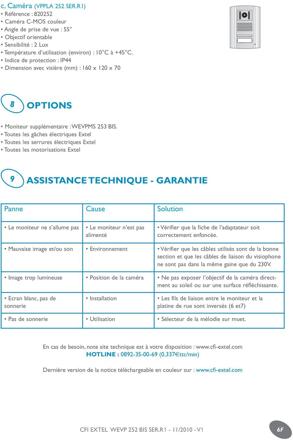 Toutes les gâches électriques Extel Toutes les serrures électriques Extel Toutes les motorisations Extel 9 ASSISTANCE TECHNIQUE - GARANTIE Panne Cause Solution Le moniteur ne s allume pas Le moniteur