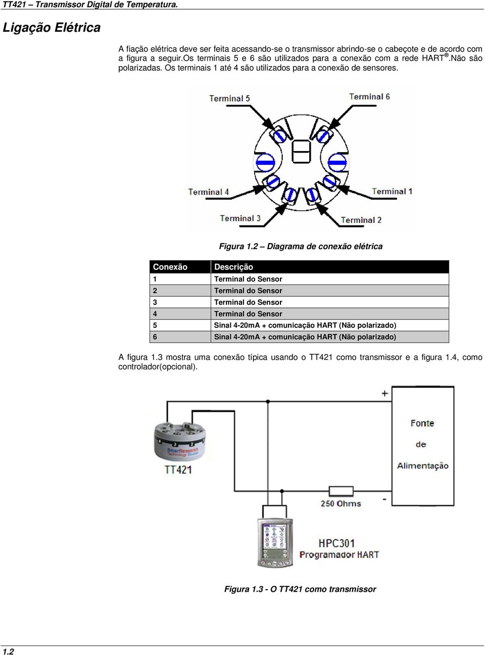 2 Diagrama de conexão elétrica Conexão Descrição 1 Terminal do Sensor 2 Terminal do Sensor 3 Terminal do Sensor 4 Terminal do Sensor 5 Sinal 4-20mA + comunicação HART (Não