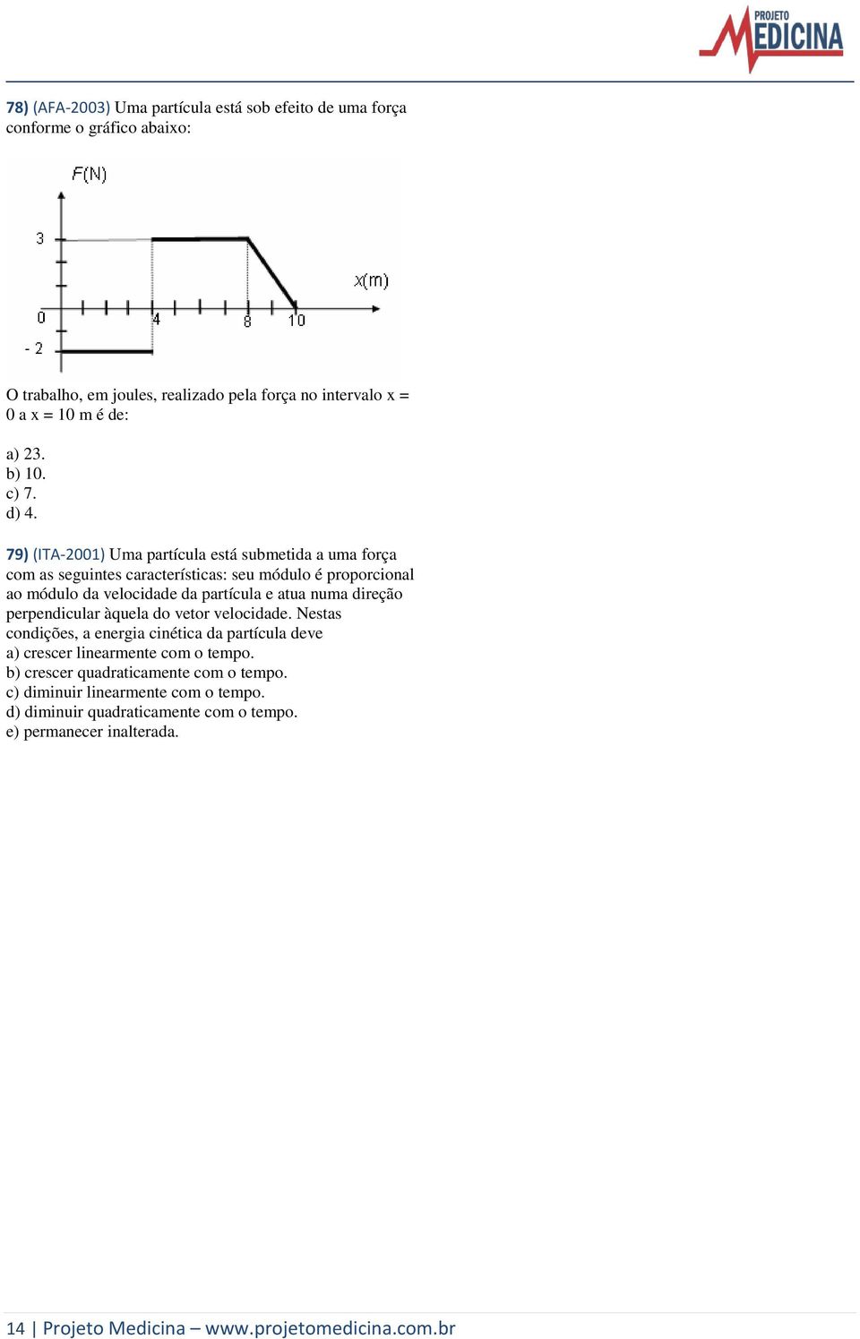 79) (ITA-2001) Uma partícula está submetida a uma força com as seguintes características: seu módulo é proporcional ao módulo da velocidade da partícula e atua numa